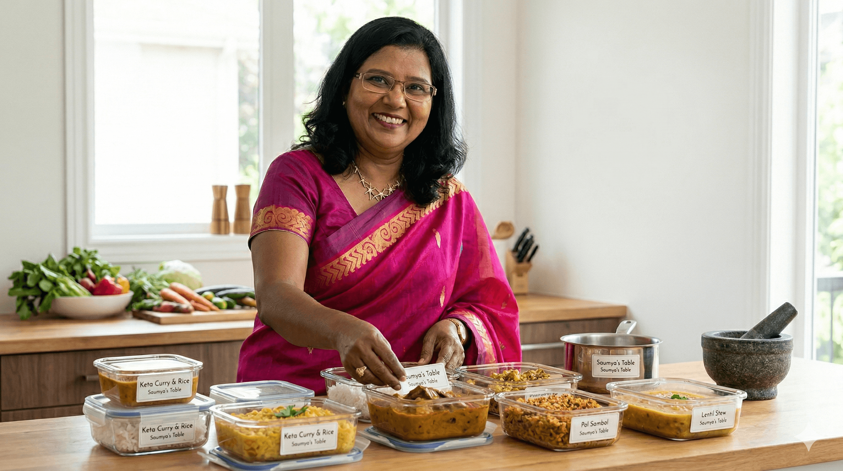 Saumya in her kitchen with freshly prepared Sri Lankan meals